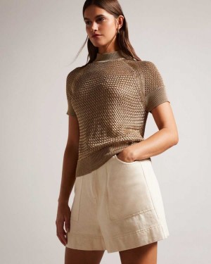 Ted Baker Abaly Basket Stitch Short Sleeve Top Brown-Tan | 94735-BZFS