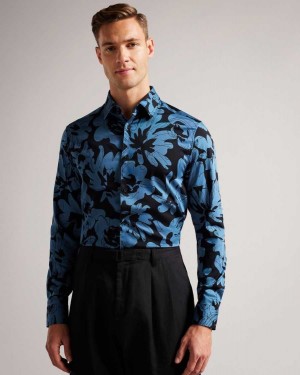 Ted Baker Altlo Long Sleeve Floral Print Shirt Medium Blue | 12074-KGLD