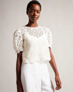 Ted Baker Ambya Crochet Knit Puff Sleeve Top White | 72590-FNUO