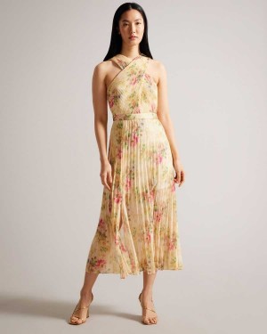 Ted Baker Amerah Cross Front Pleated Midi Dress Tan | 08435-RNOV