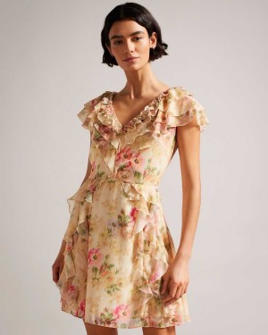 Ted Baker Ammiah Frilled Floral V Neck Mini Dress Tan | 78420-FIJN