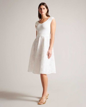 Ted Baker Annikaa Floral Knit Bodice Midi Dress White | 49725-STBV