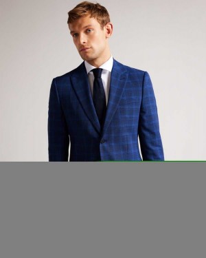 Ted Baker Apolloj Wool And Silk Check Suit Jacket Dark Blue | 04356-AHLD