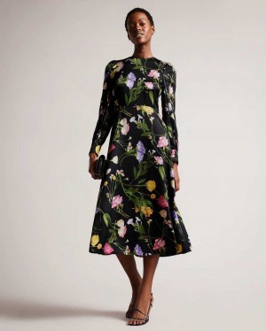 Ted Baker Arianya Blouson Sleeve Floral Midi Dress Black | 97621-BNXU