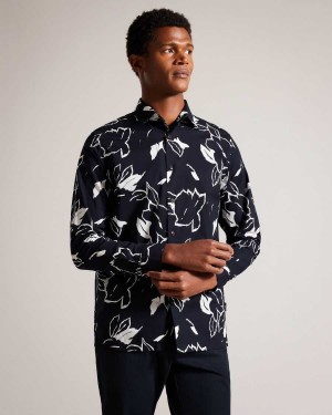 Ted Baker Ashlo Long Sleeve Floral Outline Printed Shirt Navy | 60824-NBLC