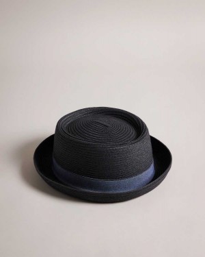 Ted Baker Axelly Straw Pork Pie Hat Black | 75683-FWCQ