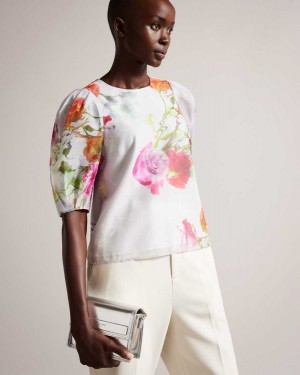 Ted Baker Ayymee Boxy Cropped Top with Puff Sleeve White | 10927-MJZQ