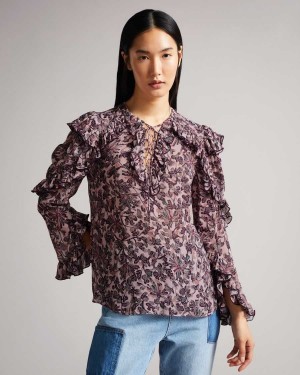 Ted Baker Barleaa MIB Frilled Top Pink | 05847-VKTH