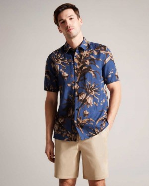 Ted Baker Belmar Short Sleeve Botanical Print Shirt Navy | 49827-MWVR