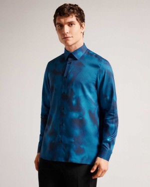 Ted Baker Bentham Long Sleeve Lyocell Abstract Print Shirt Blue | 41067-CZOX