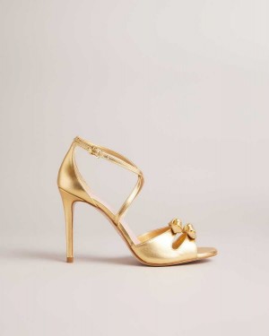 Ted Baker Bicci Leather Bow Heeled Sandals Gold | 02351-IUKC