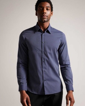 Ted Baker Boulss Long Sleeve Circle Weave Shirt Navy | 01723-YJBO