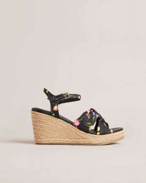 Ted Baker Cardone Floral Espadrille Platform Sandals Black | 42871-WGZV