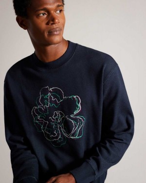 Ted Baker Carick Long Sleeve Embroidered Flower Sweatshirt Navy | 93648-SLNA