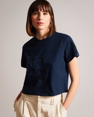 Ted Baker Carmyn Roll Sleeve Tee With Satin Stitch Magnolia Navy | 95123-NMTA