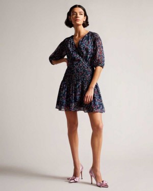 Ted Baker Casadee Smock Panel Wrap Mini Dress Dark Navy | 03286-WOHT