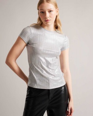 Ted Baker Catrino Metallic Fitted T Shirt Silver | 25891-SJZK