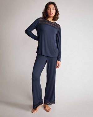 Ted Baker Chelser Modal Long Sleeve Pyjama Set Navy | 91360-GLTM