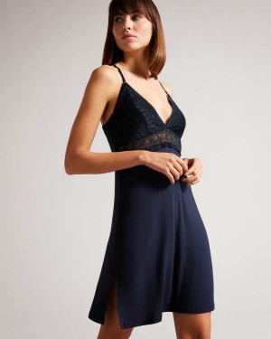 Ted Baker Chelsio Modal Chemise With Lace Detail Navy | 43298-VZTY