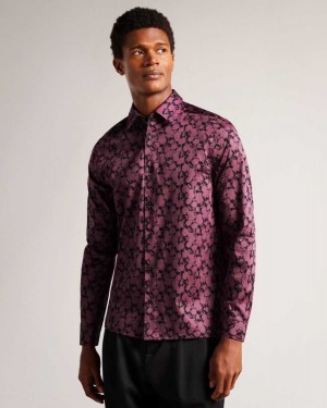 Ted Baker Comlee Long Sleeve Floral Print Shirt Maroon | 49275-KIAF