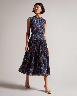 Ted Baker Coraal Heart Print Sleeveless Midi Dress Dark Navy | 13956-MIOG