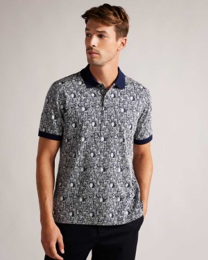 Ted Baker Coreo Geometric Knit Polo Shirt Navy-Blue | 83967-TFJX