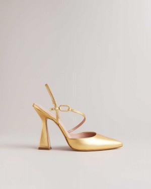 Ted Baker Coriana Geometric Heel Pointed Court Shoes Gold | 76102-OZTW