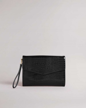 Ted Baker Crocey Croc Detail Debossed Envelope Pouch Black | 18065-MEDL