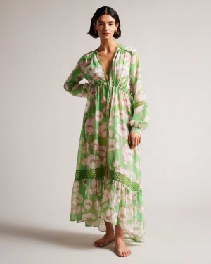 Ted Baker Elisiia High Low Poppy Print Cover Up Green | 31260-FEJY