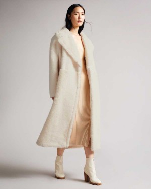 Ted Baker Emiliyy Mixed Fabric Faux Fur Cocoon Coat Ivory | 42195-UKXY