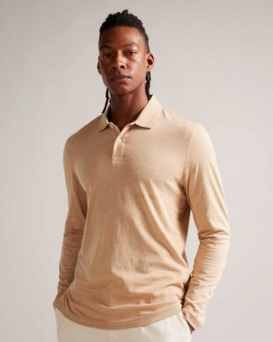 Ted Baker Enio Long Sleeve Cashmere Blend Polo Shirt Camel | 56920-EBCY