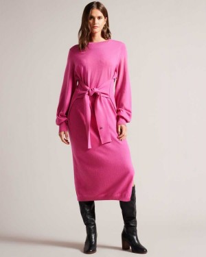 Ted Baker Essya Slouchy Tie Front Midi Knit Dress Bright Pink | 80964-ROAQ