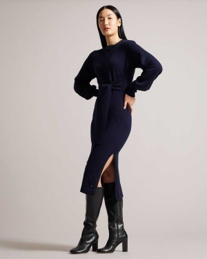 Ted Baker Essya Slouchy Tie Front Midi Knit Dress Dark Blue | 84529-RMNG