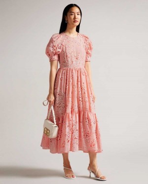 Ted Baker Esthher Puff Sleeve Tiered Midi Dress Coral | 20715-DNKR