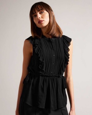 Ted Baker Evalie Sleeveless Frilled Top Black | 68271-VWCP