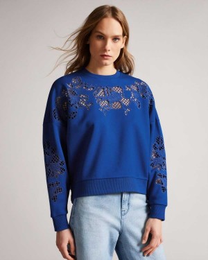 Ted Baker Fllo Laser Cut Sweater Dark Blue | 42071-BIVN