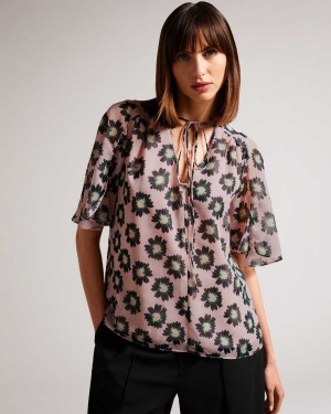 Ted Baker Harlynn Split Sleeve Top With Neck Tie Pink | 70589-NCKS