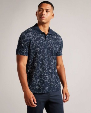 Ted Baker Holler Short Sleeve Regular Fit Printed Polo Shirt Navy-Blue | 19803-IBWM