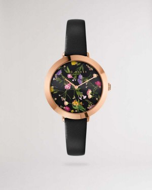 Ted Baker Isidoro Floral Print Watch With Leather Strap Black | 60783-ZRXS