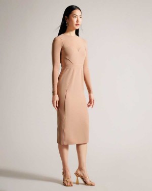 Ted Baker Ivylou Bodycon Midi Dress With Sheer Sleeves Nude | 57918-LIYD