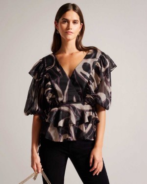 Ted Baker Jasmyna Ruffle V-Neck Top With Tie Waist Black | 48501-CFLN