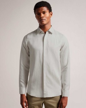 Ted Baker Jasperr Linen Blend Herringbone Shirt Natural | 92781-BRNE