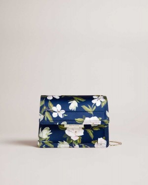 Ted Baker Jenia Floral Print Satin Crossbody Bag Dark Blue | 92473-LPSM