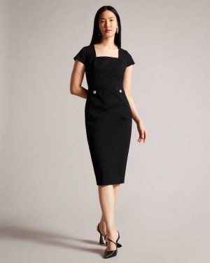 Ted Baker Josiaad Square Neck Military Midi Dress Black | 08514-BZIA