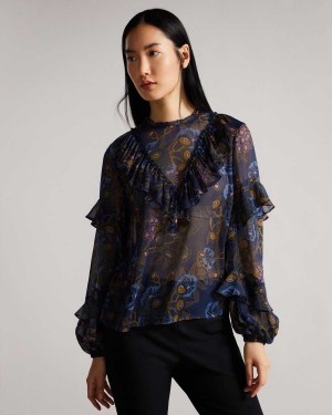 Ted Baker Jovena Printed Waterfall Ruffle Top Navy | 29138-MIJQ