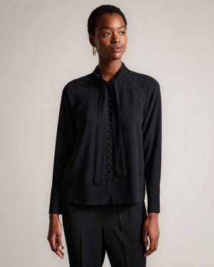 Ted Baker Julinaa Blouse with Rouleaux Trim Detail Black | 64231-NQZL