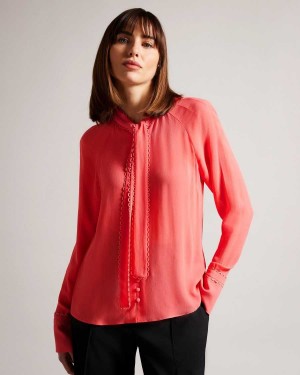 Ted Baker Julinaa Blouse with Rouleaux Trim Detail Coral | 30421-JCAT