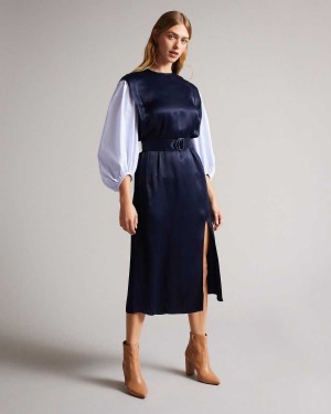 Ted Baker Kaytei Belted Midi Dress With Puff Sleeve Navy | 10573-KVUX