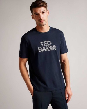 Ted Baker Kenedy Short Sleeve Regular Fit Branded T-Shirt Navy | 47632-UHIY