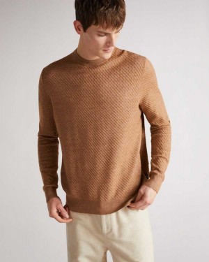 Ted Baker Knares LS Textured Crew Neck Jumper Tan-White | 34506-MSNZ